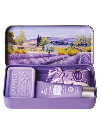 Provencal Gift Set Lavender Soap, Lavender Pouch and Lavender Hand Cream in tin