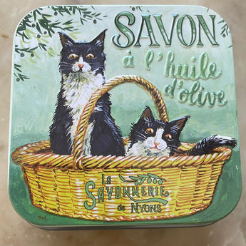 Cotton Flower Soap in Tin with Cats in basket Petite France Australia