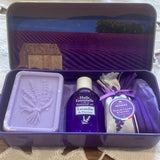 Provencal Gift Set Lavender Soap, Lavender Pouch and Lavender Essential Oil in tin