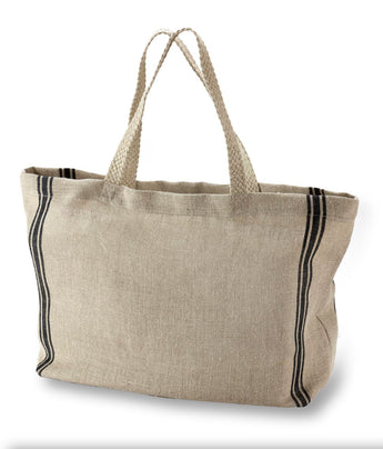 100% French Linen Large Beach Shopping Bag Natural Linen Black Stripe