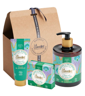 Organic Thyme Bodycare Gift Set Jardins en Provence - Liquid and Bar soaps and Hand cream La Corvette