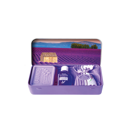 Provencal Gift Set Lavender Soap, Lavender Pouch and Lavender Essential Oil in tin