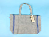 100% French Linen Tote Shopping Bag Natural Linen Blue Stripe