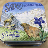 Edelweiss Bar Soap in Tin with Chevre and Marmot Alpine theme