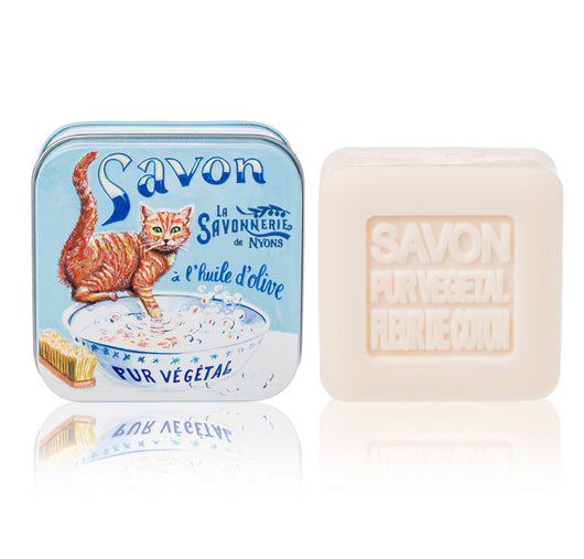 Ginger Cat cotton flower Bar Soap in Tin blue background